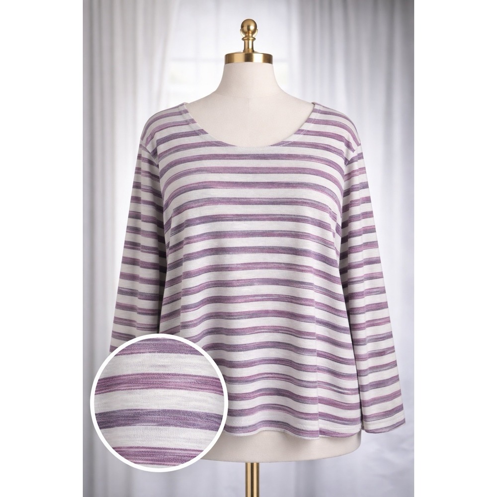 Talbots Knit Popover Top Pink Purple Striped Cotton Blend Button Back Size M